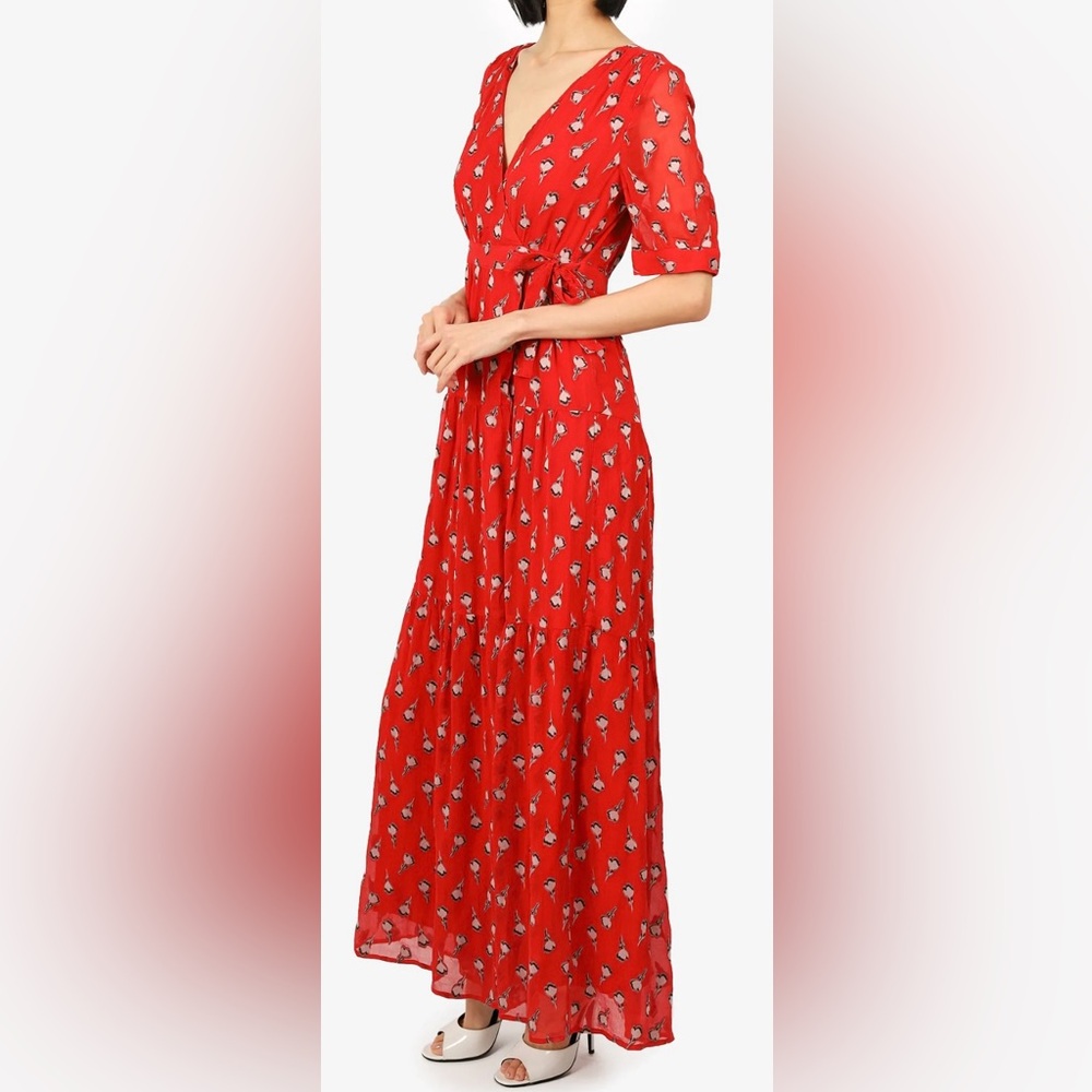 BA&SH Madona Fil Coupé Silk-blend Gauze Maxi Red Floral Women's Dress Sz 2/ US 6